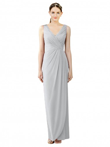 Cheap Draped Sleeveless Long Chiffon V-Neck Bridesmaid Dress UK