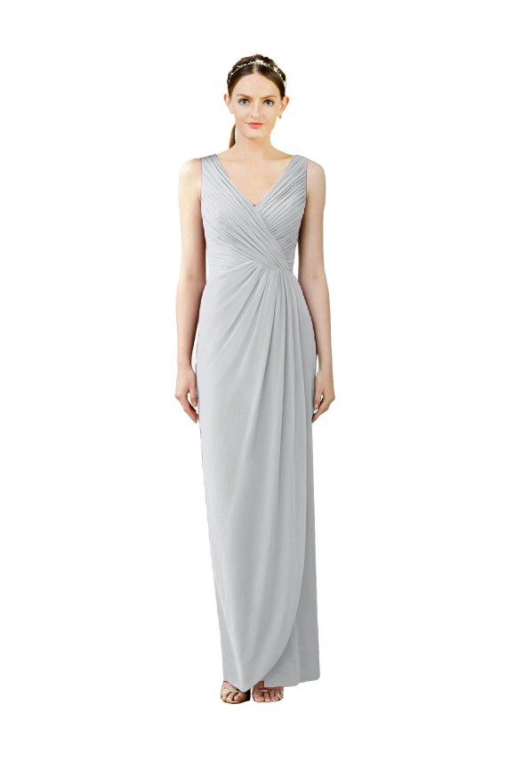 Cheap Draped Sleeveless Long Chiffon V-Neck Bridesmaid Dress UK