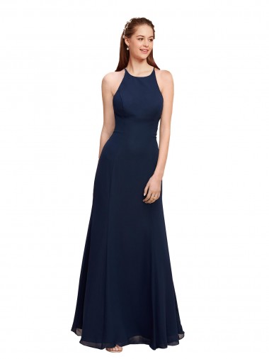 Cheap High Halter Fit and Flare Long Chiffon Bridesmaid Dress / Prom Dress with Criss Cross Low Back UK