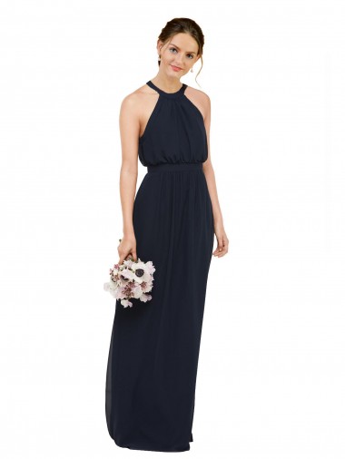 Cheap High Halter Neckline Chiffon Bridesmaid Dress with Slim Keyhole Back UK