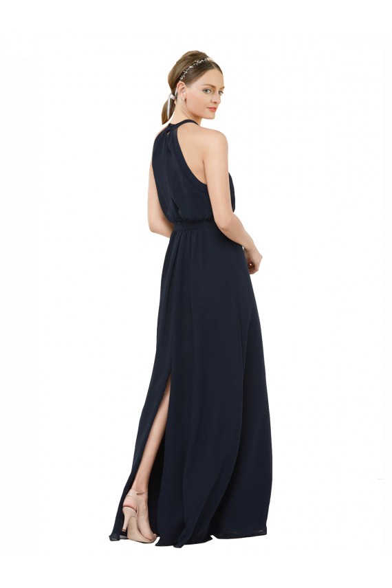 Cheap High Halter Neckline Chiffon Bridesmaid Dress with Slim Keyhole Back UK