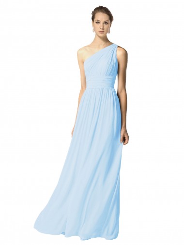 Cheap One Shoulder Long Chiffon Bridesmaid Dress with Shirred Bodice and Front Keyhole UK