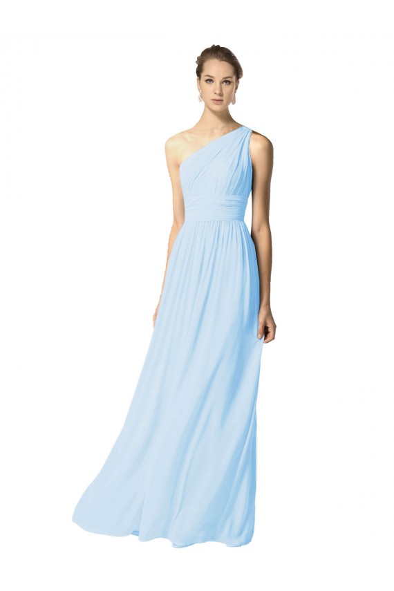 Cheap One Shoulder Long Chiffon Bridesmaid Dress with Shirred Bodice and Front Keyhole UK