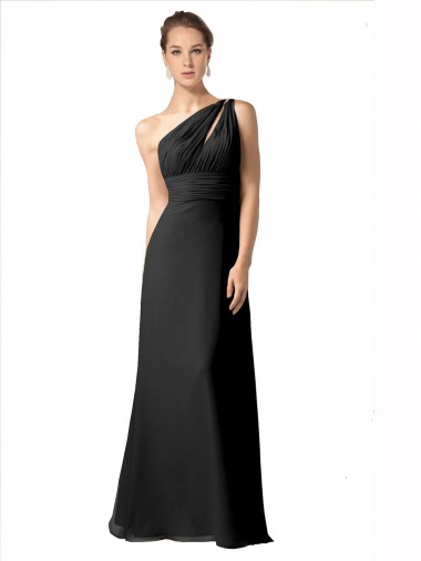 Cheap One Shoulder Full Length Chiffon Bridesmaid Dress with Shirred Bodice UK