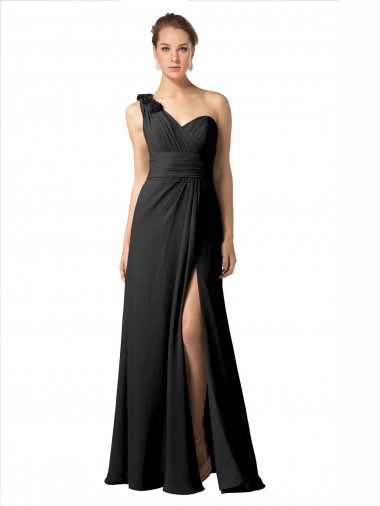 Cheap Sheer One Shoulder Chiffon A-Line Bridesmaid Dress with Slit UK