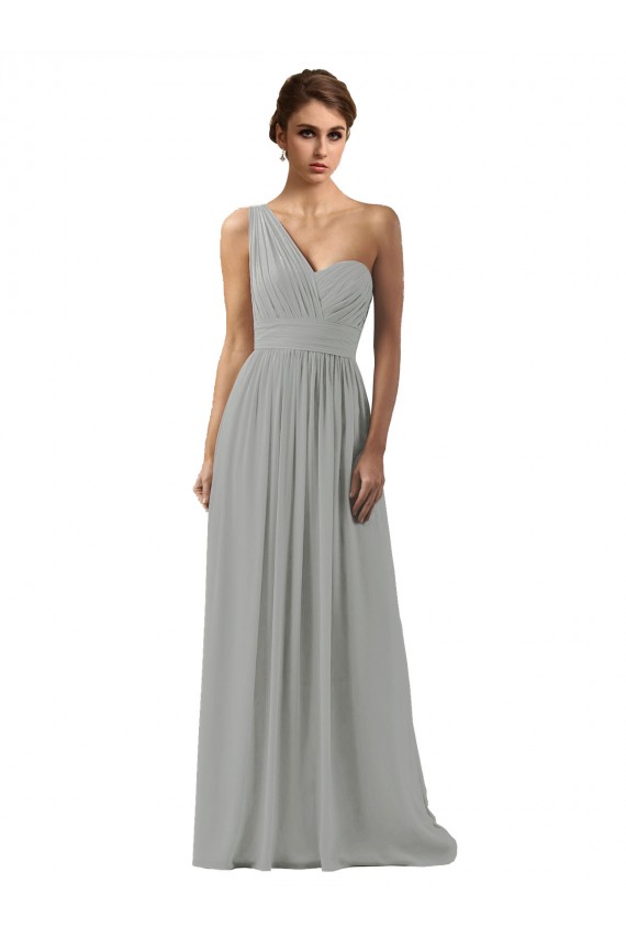 Cheap Ruffled One Shoulder Floor Length Long Chiffon Bridesmaid Dress UK