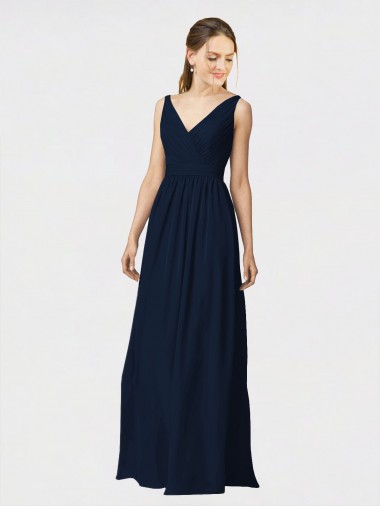 Cheap Long Chiffon Bridesmaid Dress with Shirred Bodice and V-Neckline UK