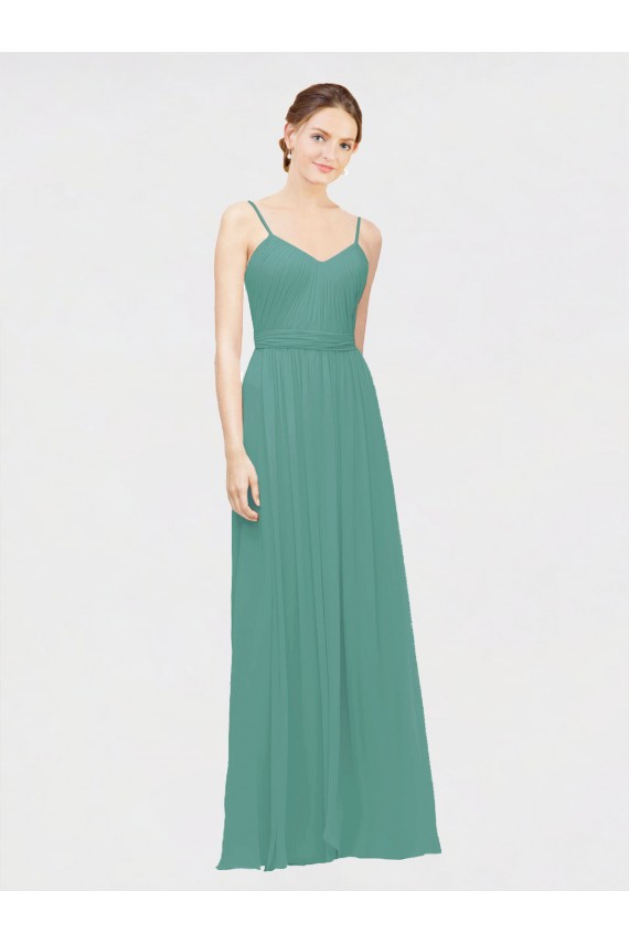 Cheap Rouched V-Neckline and Spaghetti Straps Long Chiffon Bridesmaid Dress UK