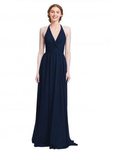 Cheap Halter Chiffon Bridesmaid Dress with V-Neckline and Criss Cross Waist UK