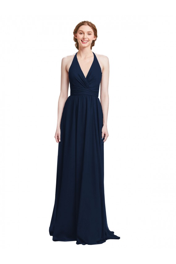Cheap Halter Chiffon Bridesmaid Dress with V-Neckline and Criss Cross Waist UK