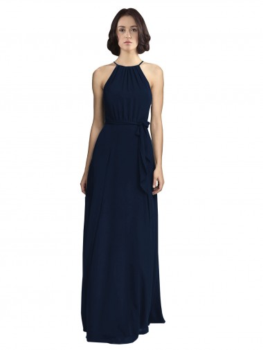 Cheap High Neckline Floor Length Chiffon Bridesmaid Dress with Belt UK