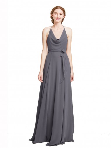Cheap Spaghetti Strap Long Chiffon Bridesmaids Dress with Halter Cowl Neck UK
