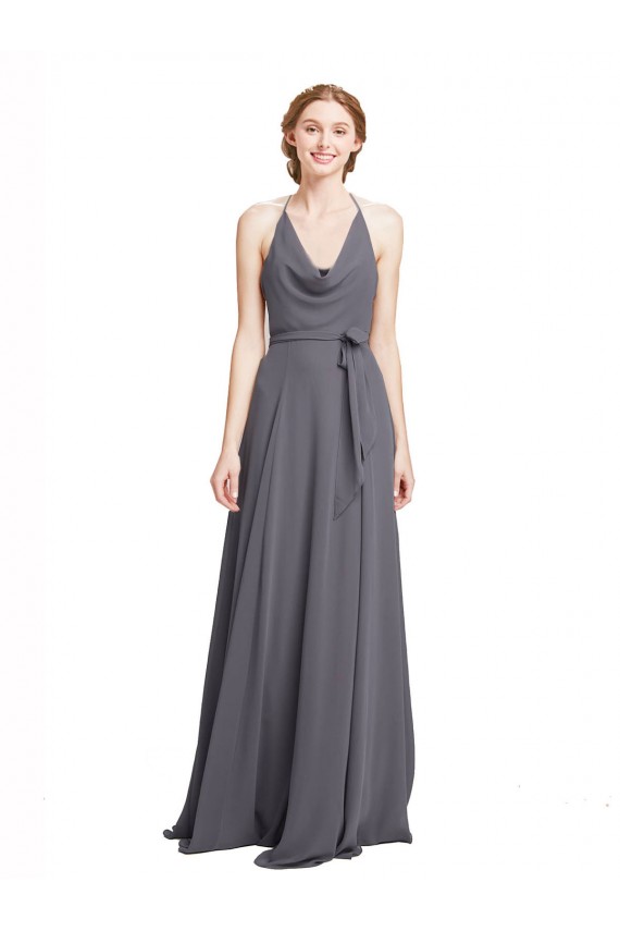 Cheap Spaghetti Strap Long Chiffon Bridesmaids Dress with Halter Cowl Neck UK
