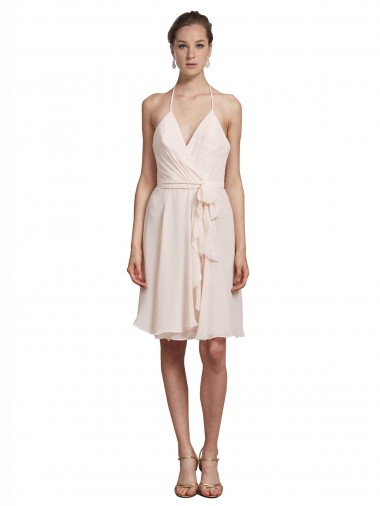 Cheap Short Knee Length Wrap Chiffon Halter Bridesmaids Dress UK
