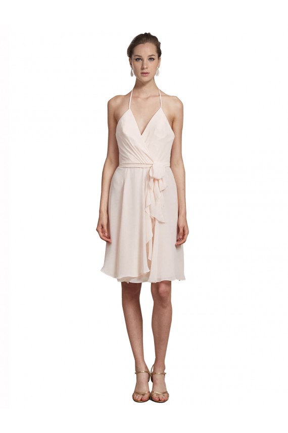 Cheap Short Knee Length Wrap Chiffon Halter Bridesmaids Dress UK
