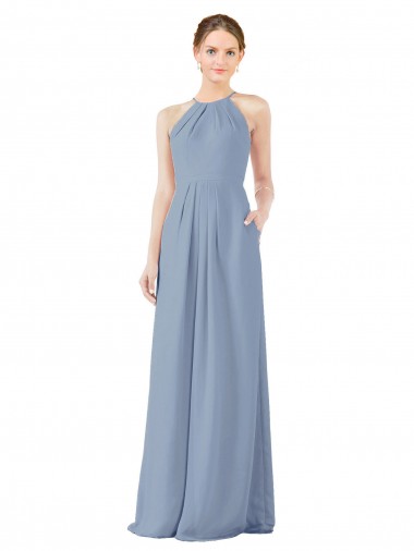 Cheap Fitted Long High Halter Neck Chiffon Bridesmaid Dress with Keyhole Back UK