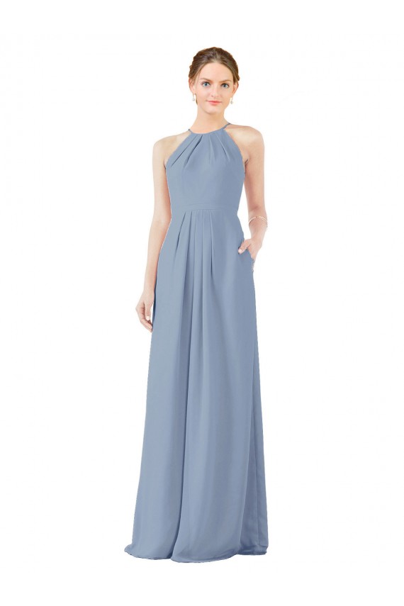 Cheap Fitted Long High Halter Neck Chiffon Bridesmaid Dress with Keyhole Back UK
