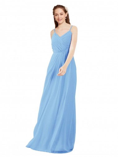 Cheap Pleated Low Back Long V-Neck Chiffon Bridesmaid Dress with Thin Straps UK