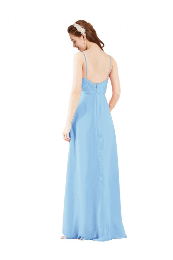 Cheap Pleated Low Back Long V-Neck Chiffon Bridesmaid Dress with Thin Straps UK