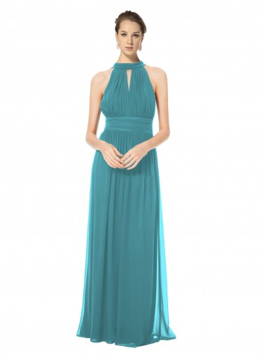 Cheap Ruched Long Chiffon Halter Bridesmaid Dress with Tie Back and Tails UK