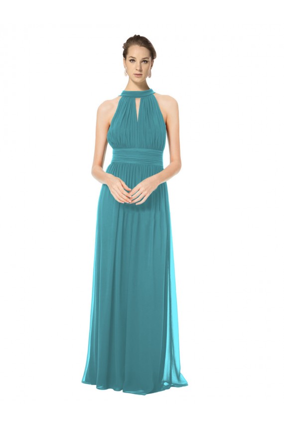 Cheap Ruched Long Chiffon Halter Bridesmaid Dress with Tie Back and Tails UK