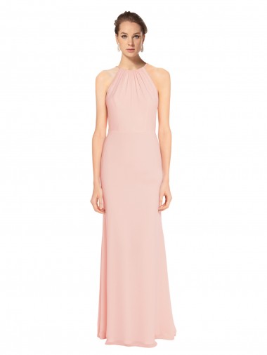 Cheap High Neck Long Chiffon Halter Bridesmaid Dress with Drape Chiffon Overlay UK