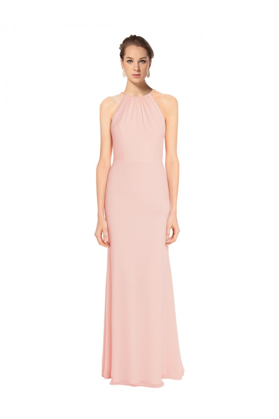 Cheap High Neck Long Chiffon Halter Bridesmaid Dress with Drape Chiffon Overlay UK