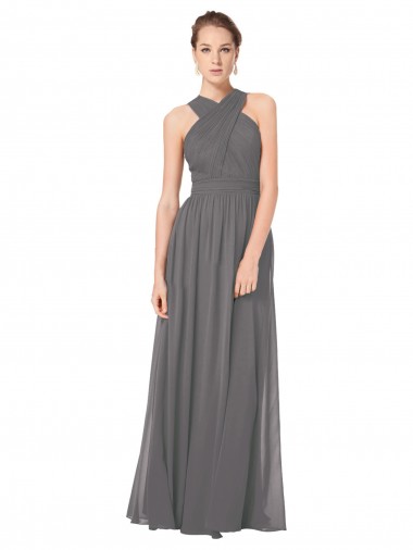Cheap Long Chiffon Halter Bridesmaid Dress Keyhole Back UK