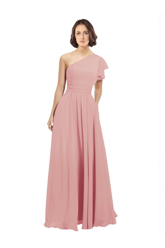Cheap Chiffon Bridesmaids Dress with One Shoulder Flounced Sleeve UK
