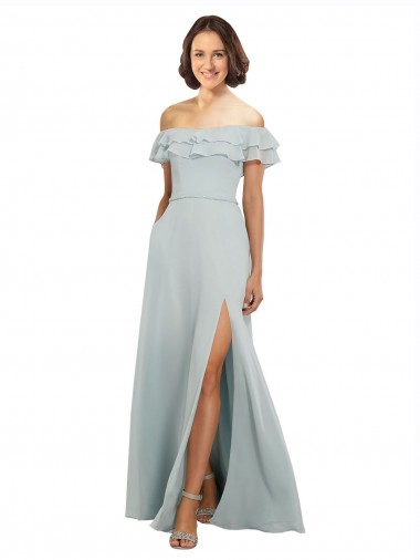 Cheap Luxe Chiffon Bridesmaids Dress with Off the Shoulder Flounced Neckline UK