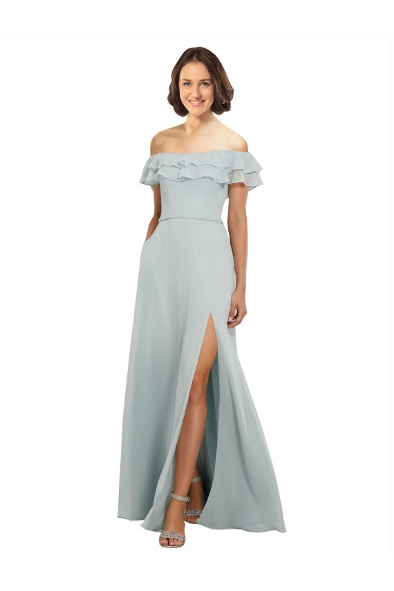 Cheap Luxe Chiffon Bridesmaids Dress with Off the Shoulder Flounced Neckline UK