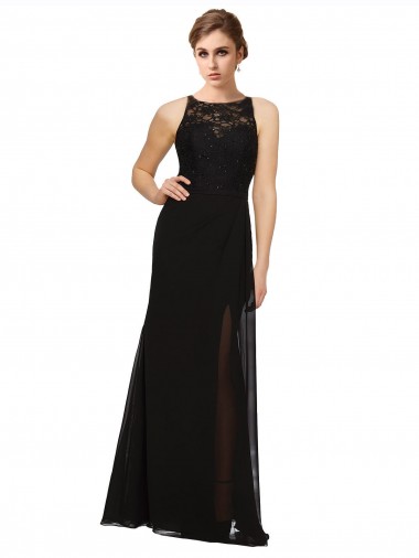 Cheap Sheath Beaded and Embroidered Bridesmaids Dress with Lace Bodice and Chiffon Skirt UK