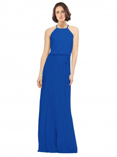 Cheap Long Jewel Neckline Chiffon Bridesmaids Dress wit Chiffon Tie Sash UK