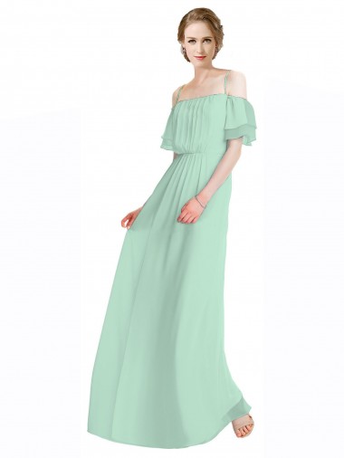 Cheap Spaghetti Straps Long Chiffon Off-The-Shoulder Bridesmaid Dress with Double Flounce Sleeves UK