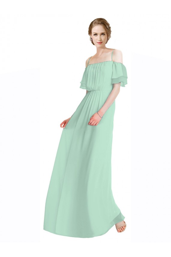 Cheap Spaghetti Straps Long Chiffon Off-The-Shoulder Bridesmaid Dress with Double Flounce Sleeves UK