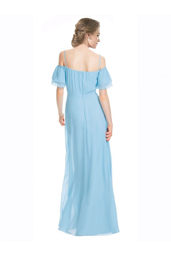 Cheap Spaghetti Straps Long Chiffon Off-The-Shoulder Bridesmaid Dress with Double Flounce Sleeves UK