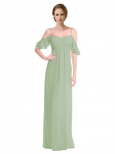 Cheap Long Chiffon Off-The-Shoulder Bridesmaid Dress with Double Flounce Sleeves UK
