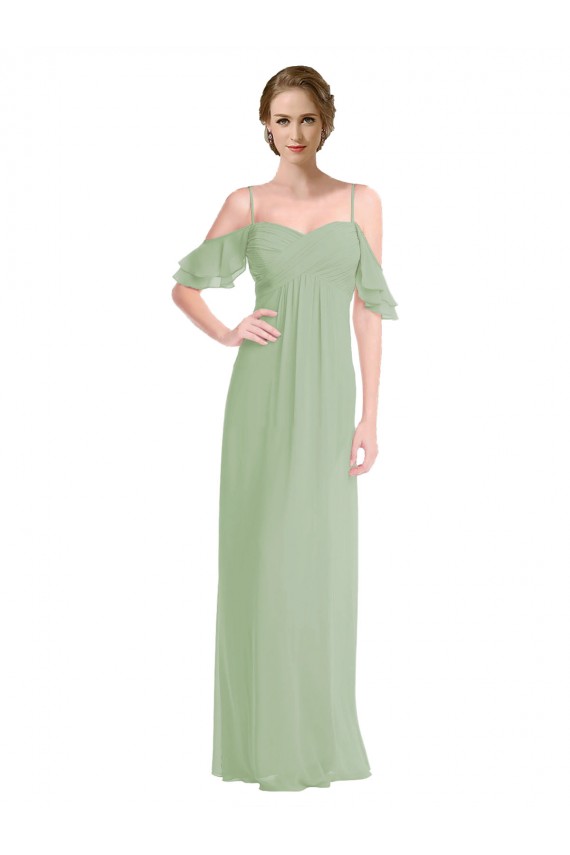 Cheap Long Chiffon Off-The-Shoulder Bridesmaid Dress with Double Flounce Sleeves UK