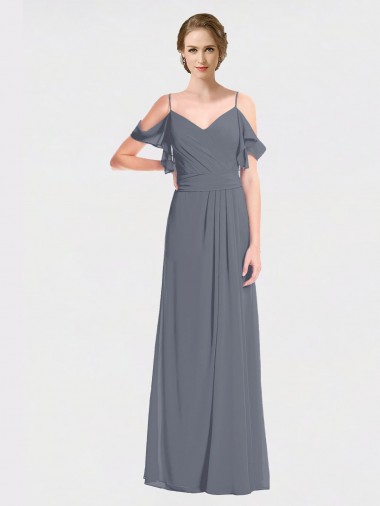 Cheap Long Chiffon Spaghetti Strap V-Neck Bridesmaid Dress with Off-The-Shoulder Flutter Sleeves UK