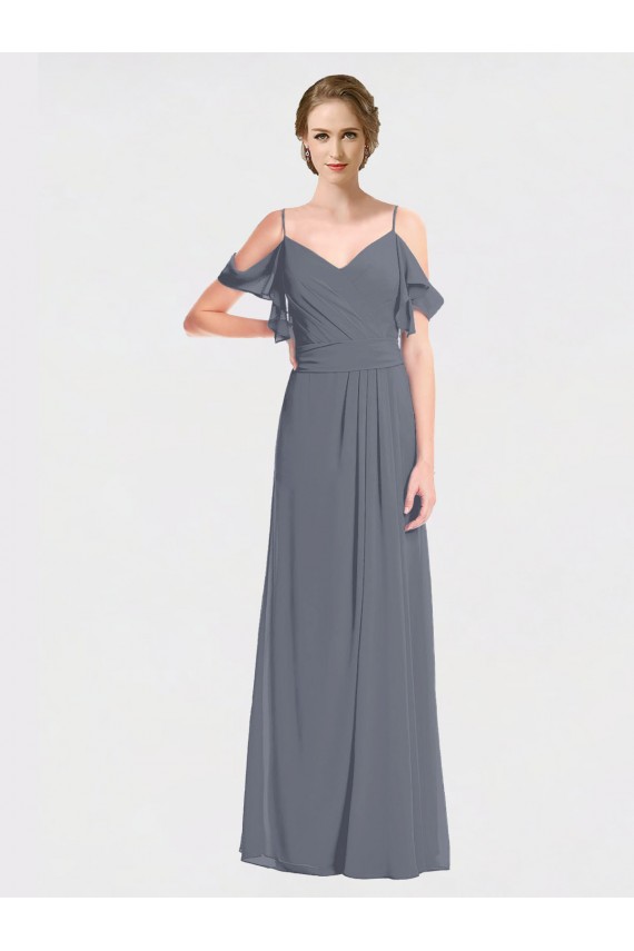 Cheap Long Chiffon Spaghetti Strap V-Neck Bridesmaid Dress with Off-The-Shoulder Flutter Sleeves UK