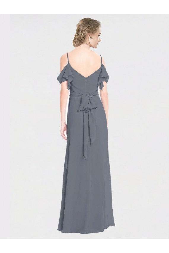 Cheap Long Chiffon Spaghetti Strap V-Neck Bridesmaid Dress with Off-The-Shoulder Flutter Sleeves UK