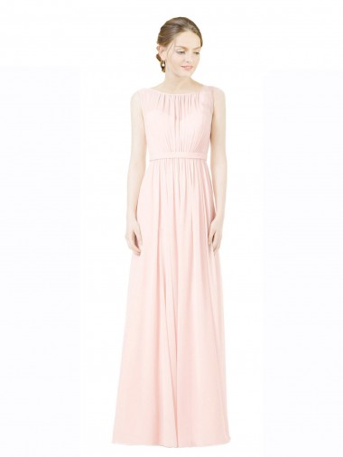 Cheap Long Chiffon Sleeveless Bridesmaid Dress with Sheer Illusion Top and V-Back UK