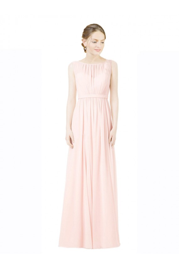 Cheap Long Chiffon Sleeveless Bridesmaid Dress with Sheer Illusion Top and V-Back UK