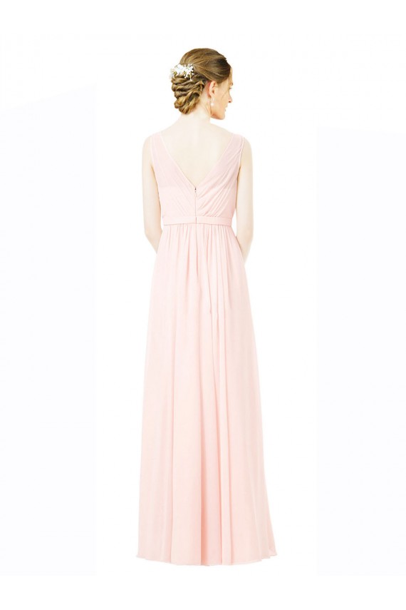 Cheap Long Chiffon Sleeveless Bridesmaid Dress with Sheer Illusion Top and V-Back UK