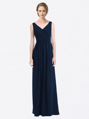 Cheap Long Chiffon V-Neck Sleeveless Bridesmaid Dress with Criss-Cross Pleated Bodice UK