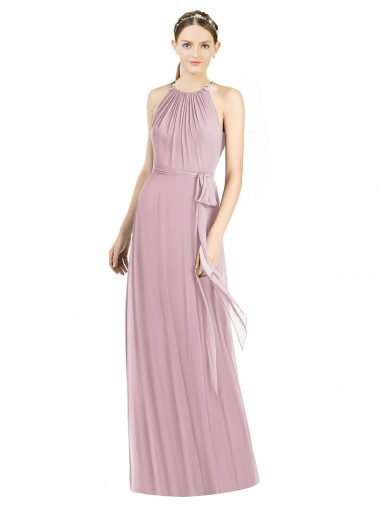 Cheap Shirred Halter Neck Long Chiffon Bridesmaid Dress UK