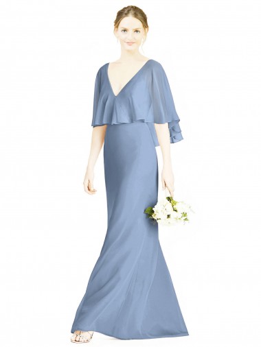 Cheap V-Back Trumpet Chiffon Bridesmaid Dress with Draped Cape Overlay UK