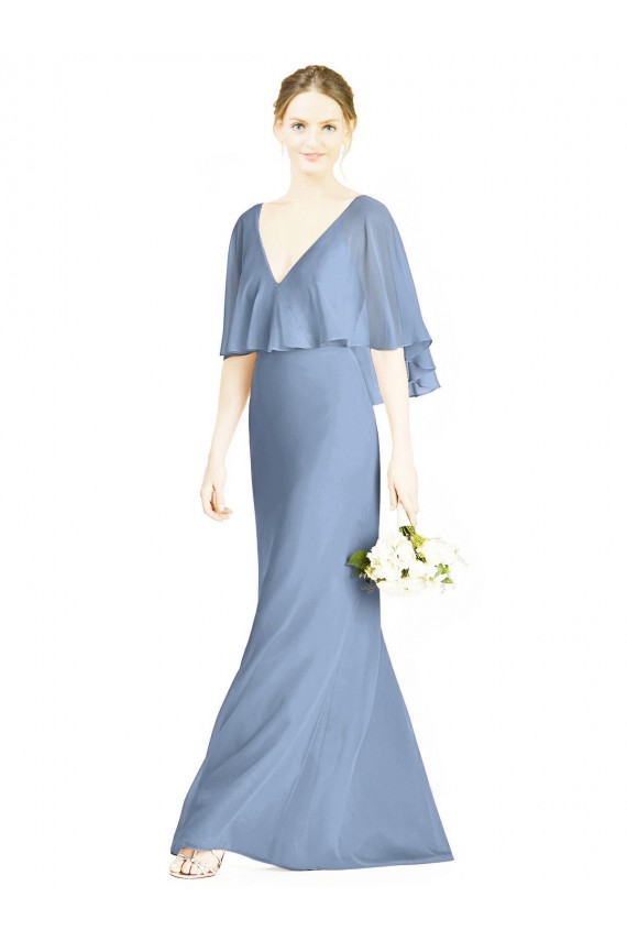 Cheap V-Back Trumpet Chiffon Bridesmaid Dress with Draped Cape Overlay UK