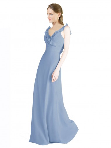 Cheap Fluted Chiffon Wrap Bridesmaid Dress with Ruffles V-Neck UK