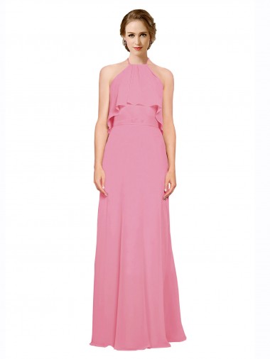 Cheap Ruffle Halter Neck A-Line Chiffon Bridesmaid Dress with Open Back UK